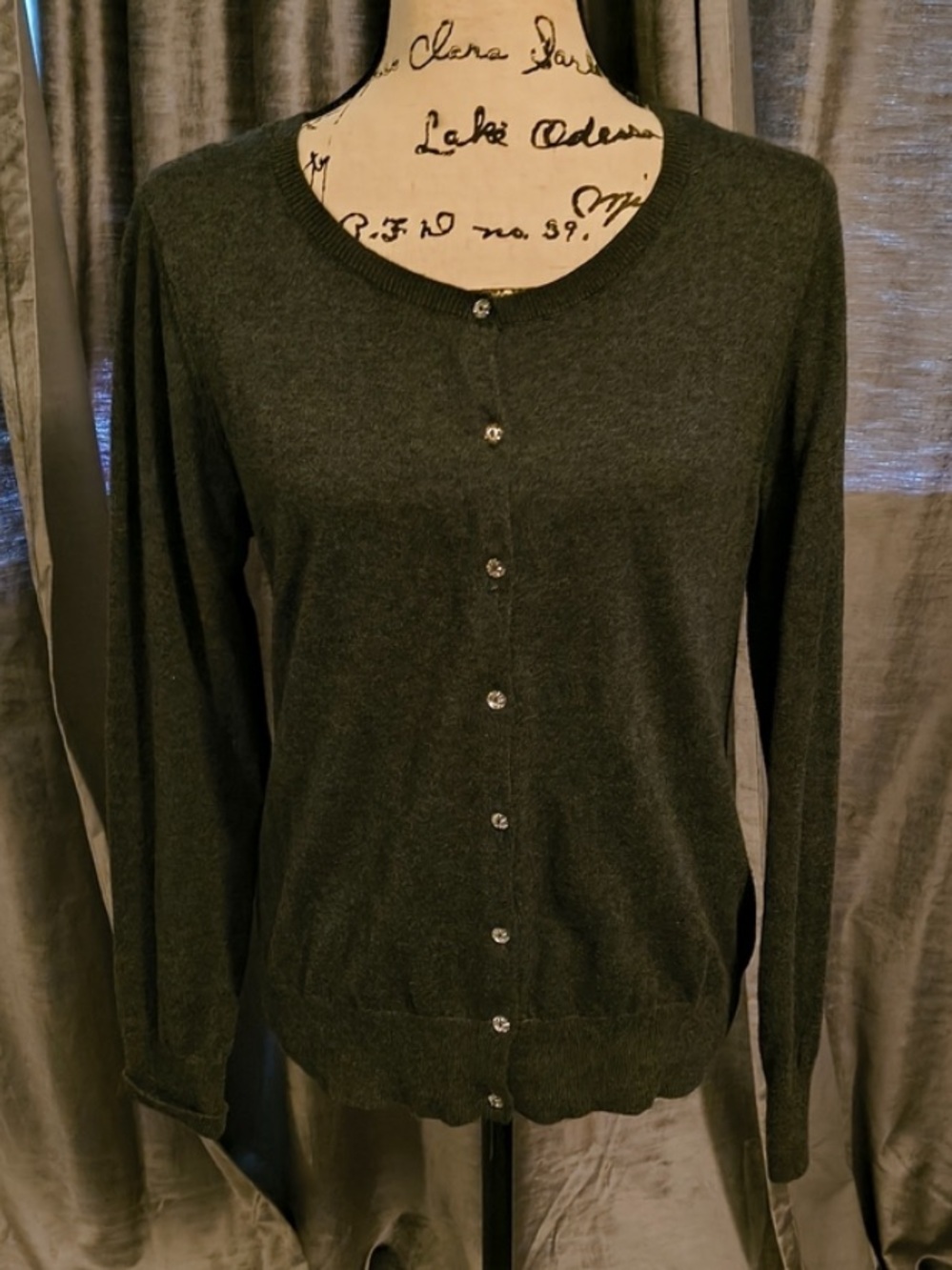 LOFT Women's Charcoal Crewneck Button-Front Cardigan